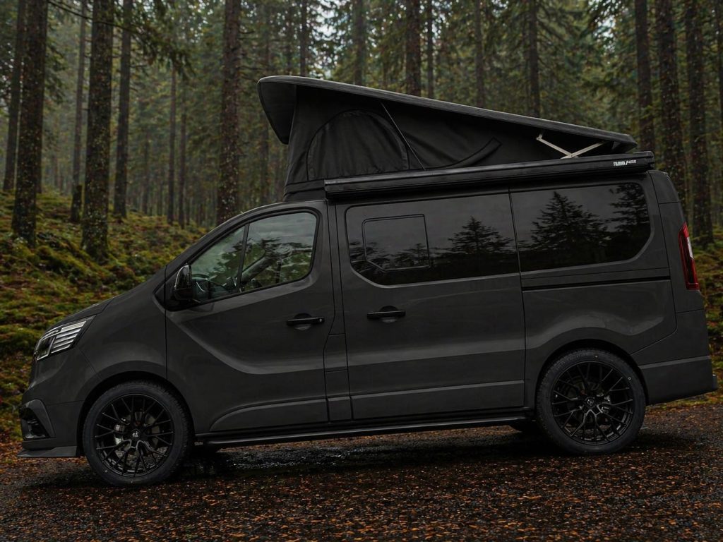 Short wheelbase Renault Trafic Escape Crusader campervan in matt black with the pop top raised