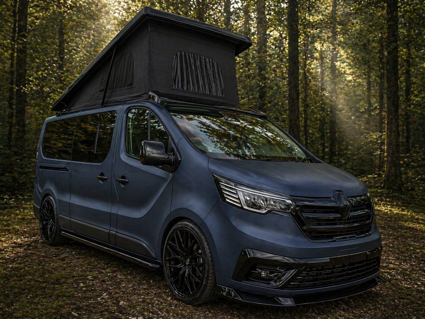 Long wheelbase Renault Trafic Escape Crusader campervan in blue with the pop top raised