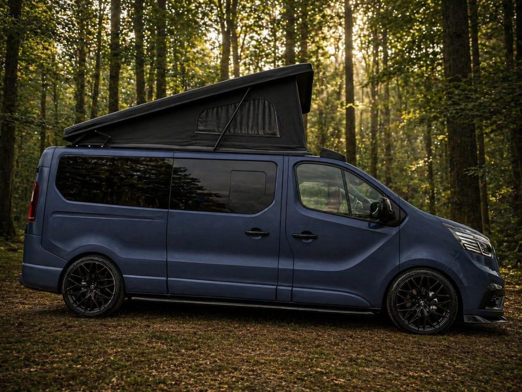 Side view of a long wheelbase Renault Trafic Escape Crusader campervan with the pop top raised in woodland