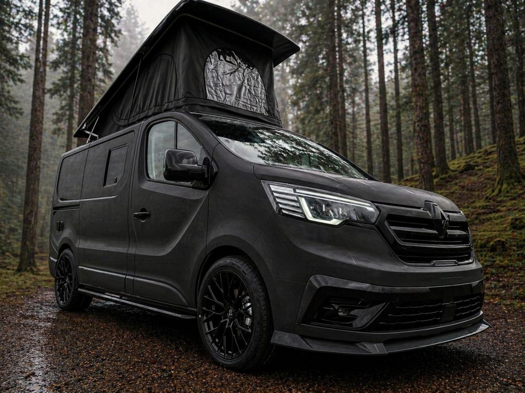 Front view of a matt black short wheelbase Escape Crusader Renault Trafic campervan with the pop top raised