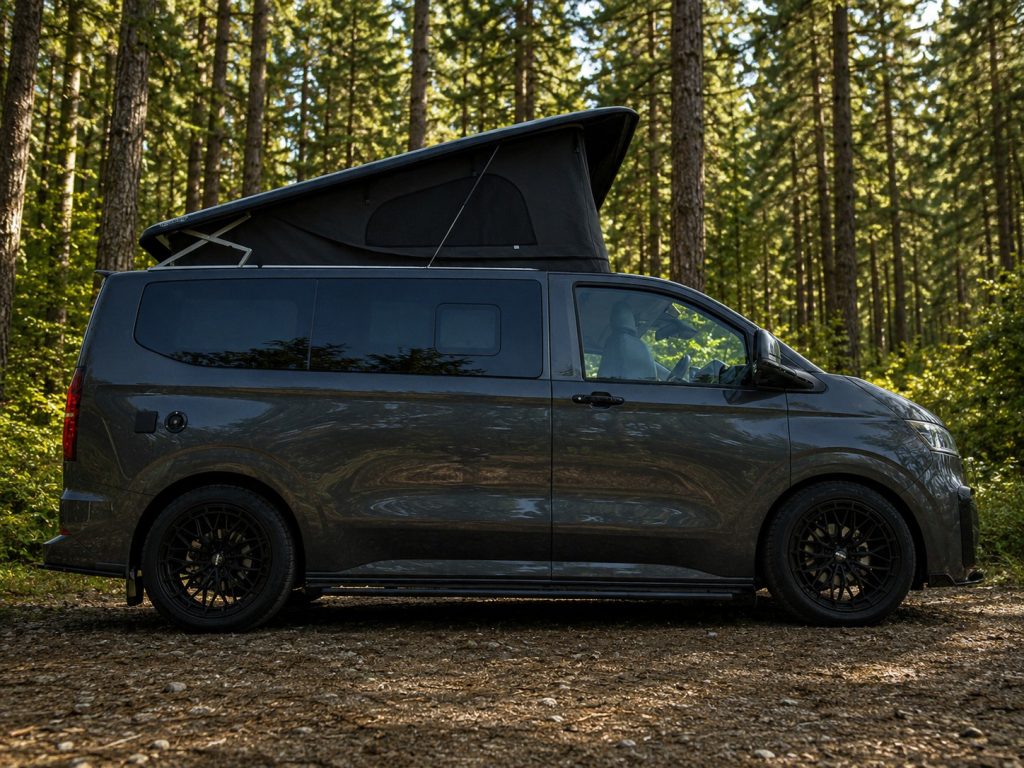 Side view of a VW T7 Escape Breeze Plus campervan with the pop top raised, ready for a Cornwall road trip