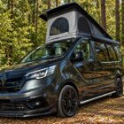 Escape Crusader Renault Trafic campervan in graphite with the pop top roof raised